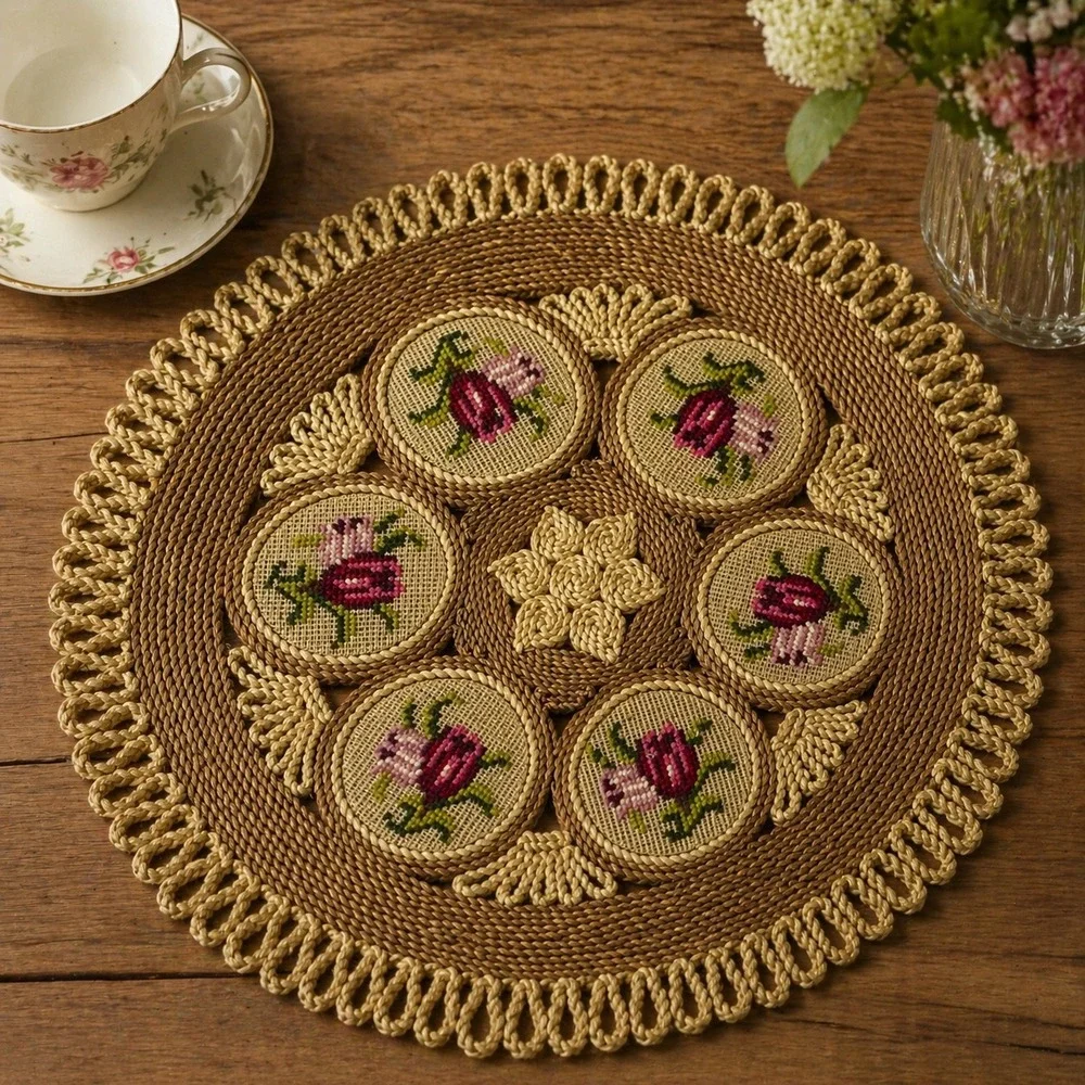 Vintage Rattan Needlepoint Center Placemat Roses Table Handmade Cottagecore Boho